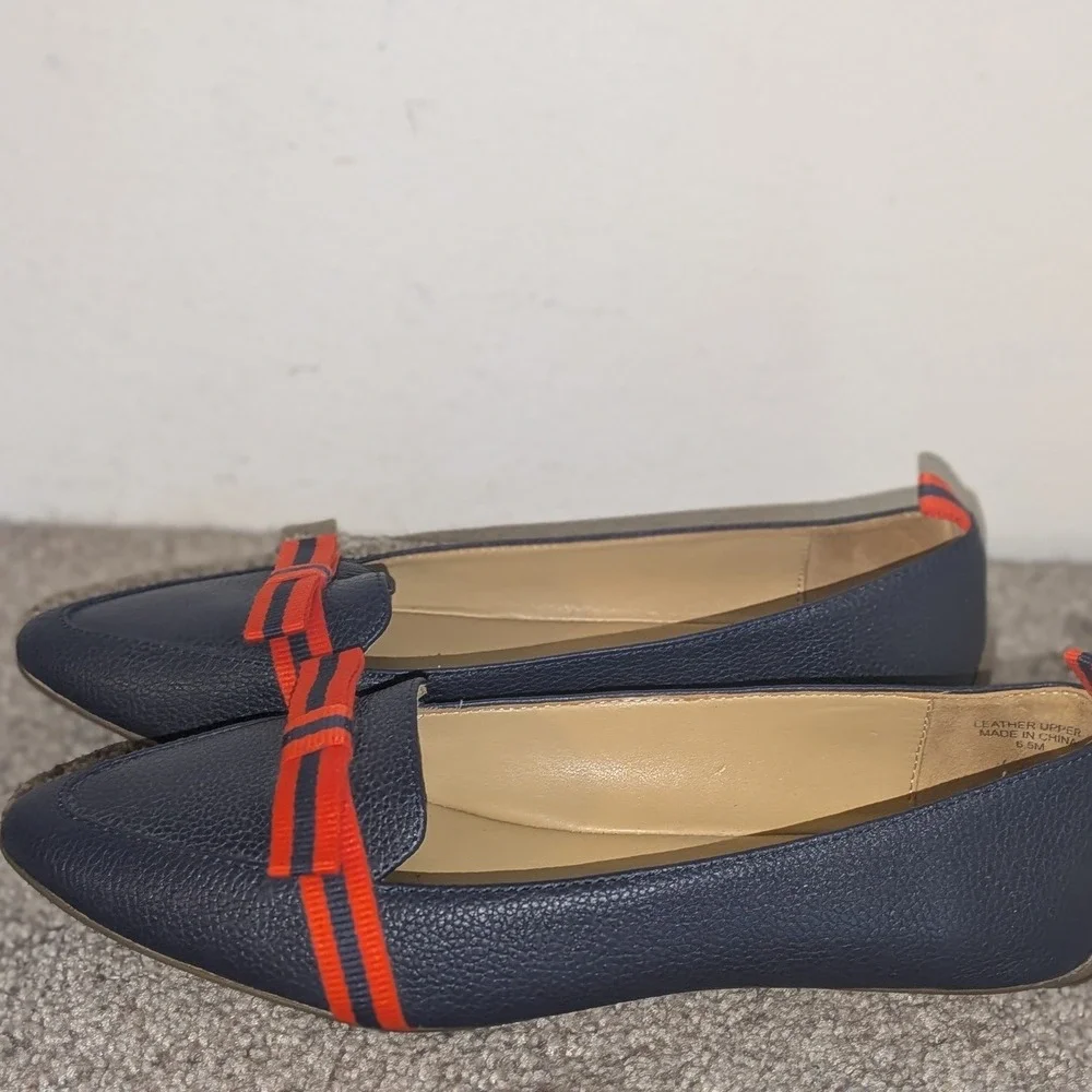 Talbots‎ Navy Blue Pebbled Leather Pointed Toe Loafers Striped Bow 6.5M Womens